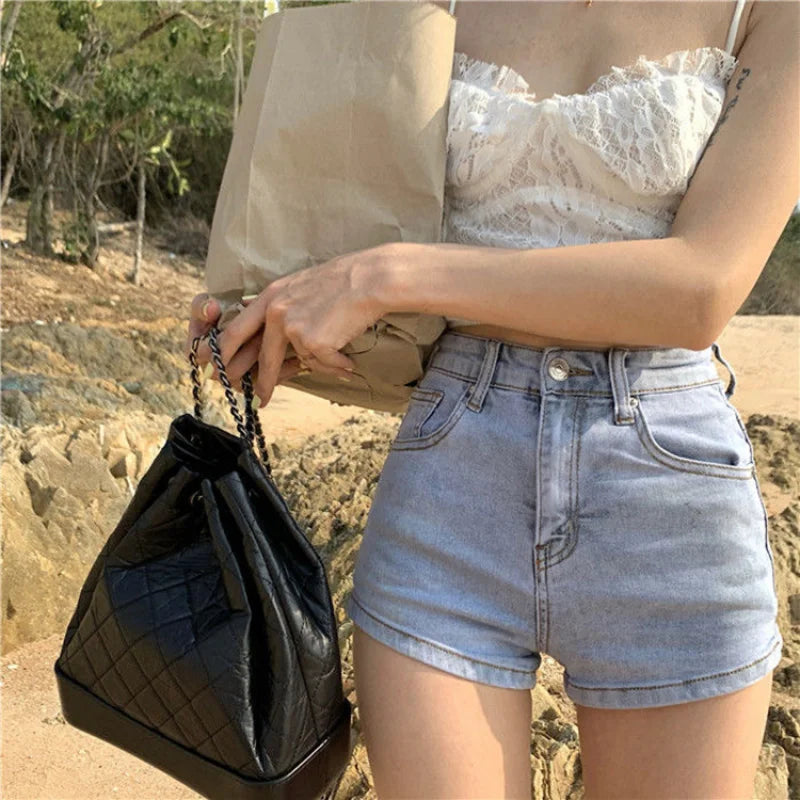 Women's Shorts Fashion Trend Ins Slit Denim Summer High Waist Elastic Thin Sexy Bag Hip Pants High Street Rave Short Jeans Y2k - reetell