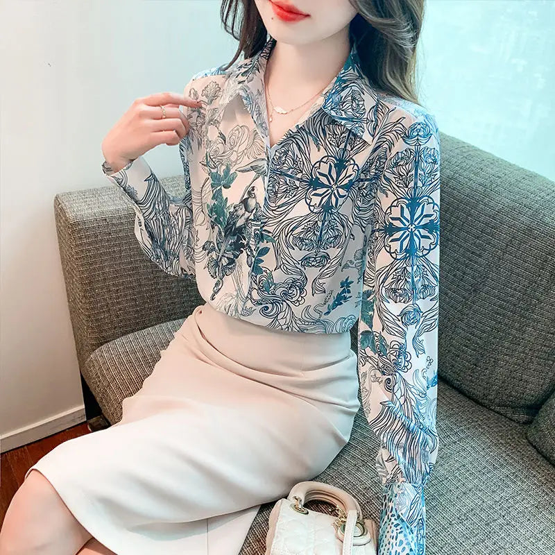 Spring Autumn Turn-down Collar Geometric Printing Cardigan Button Lantern Long Sleeve Women'sClothing Trendy All-match Tops - reetell