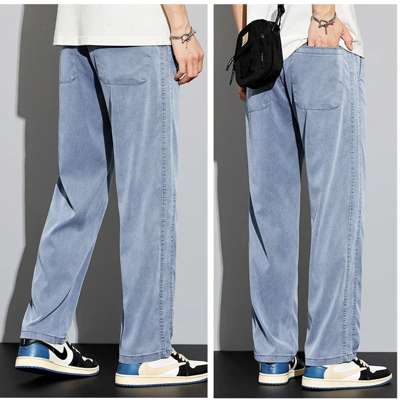 S-5XL 6Style,Men's Loose Jeans Summer Soft Lyocell Thin Fabric Straight Pants Drawstring Elastic Waist Korea Casual Trousers,Y2K - reetell