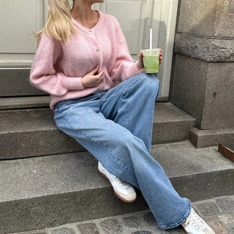 Lamuusaa y2k Sweaters 2000s Women Solid Color Round Neck Single Breasted Long Sleeve Cardigan Tops Warm Knitwear Streetwear - reetell