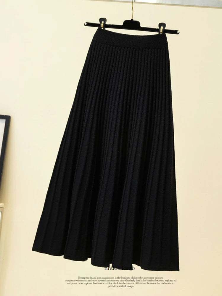 Knitted Skirts Women Autumn Thick Pleated Long Skirt Vintage High Waist Ribbed Female Solid Skirts Casual Streetwear 2024 - reetell