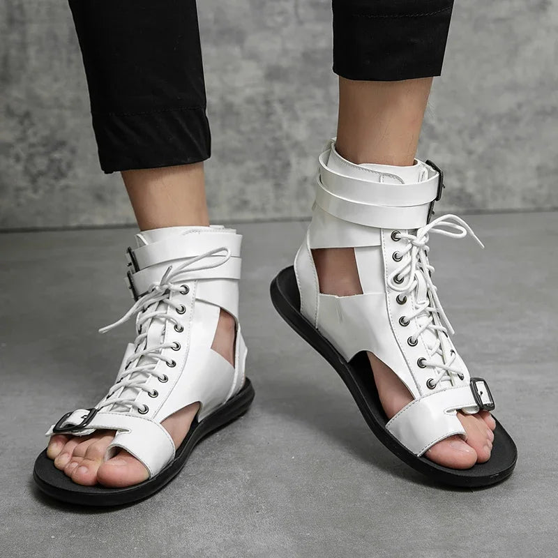 Summer New Men Gladiators Lace Up Buckle Leather Casual Shoes Breathable Beach Sandals Outdoor Slippers Black White Plus Size