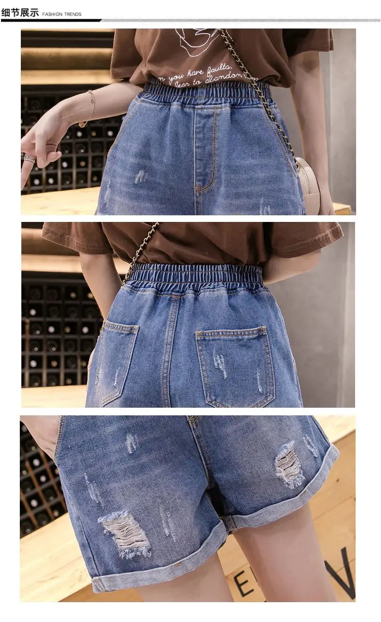 Large Size Broken Hole Cowboy Shorts Women Thin Section Wide Loose Tight High Waist Skinny A Word Wide Leg Fattening Hollowing - reetell