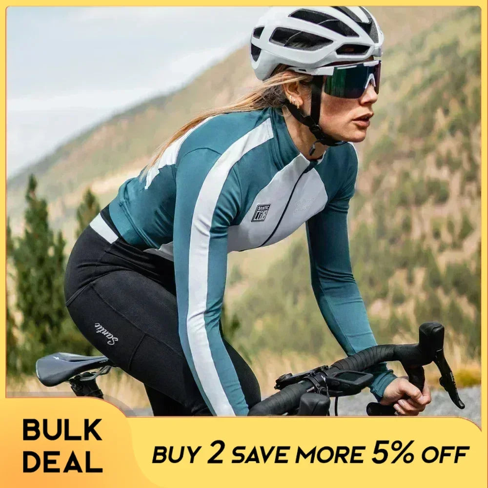 Santic Women's Cycling Jersey Long Sleeve Full Zipper Bicycle Jackets Windproof Autumn Winter Thermal MTB Riding Sports Clothing