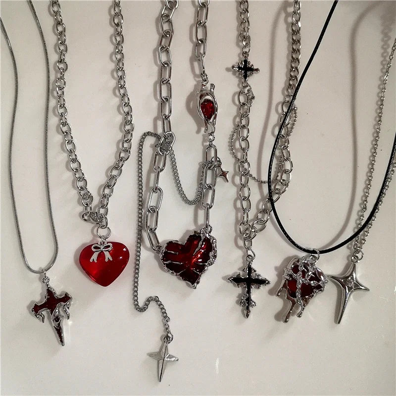 Punk Gothic Red Lava Star Cross Heart Pendant Leather Rope Necklace Women Men Hip Hop Y2K 90s EMO Accessories Aesthetic Jewelry