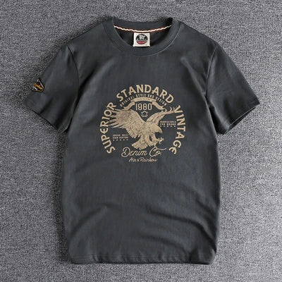 Summer New American Retro Short-sleeved O-neck Eagle Printed T-shirt Men's Fashion Simple 100% Cotton Washed Casual Sport Tops