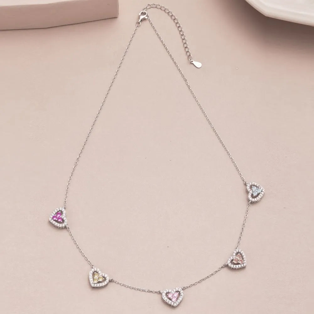 True S925 Silver Heart Necklace Women Rainbow Heart Charm Pendant Necklace Female Luxury Jewelry Sparkling 5A Zircon Girl Gift