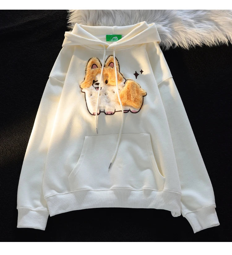 Embroidery Corgi Hooded Sweatshirt Ladies Loose and Sweet Hoodies Women Autumn Winter Casual Women's Long Sleeve Pullover Y2K - reetell