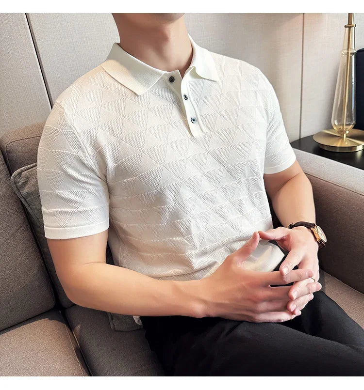 High-quality Men's Jacquard Polo Shirt, Business Casual Men's Solid Color Short-sleeved Top,  Geometric Pattern Men's T-shirt.