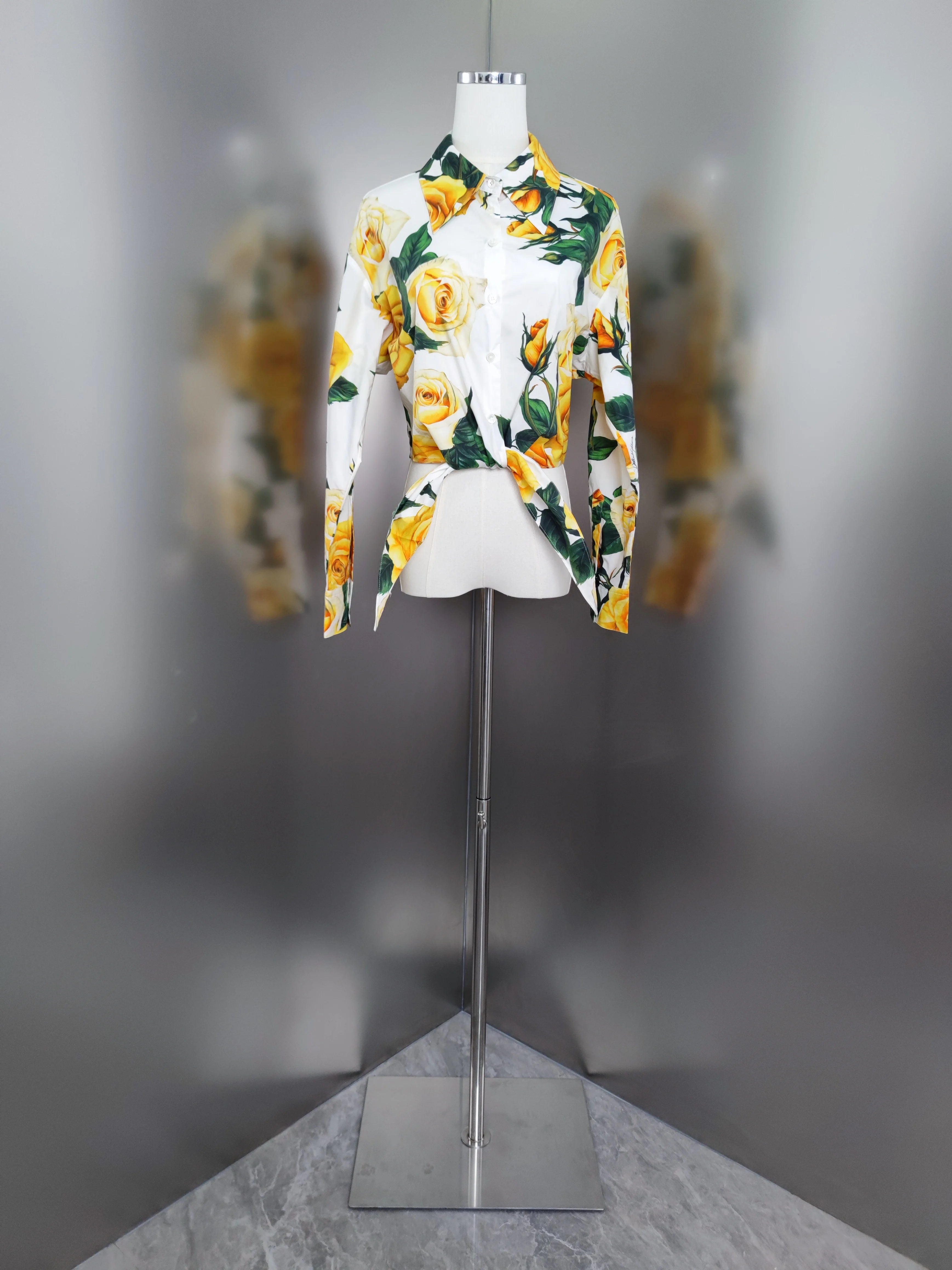 100% Cotton Shirt 2024 Summer Women's Yellow Rose print casual fashion long sleeve shirt - reetell