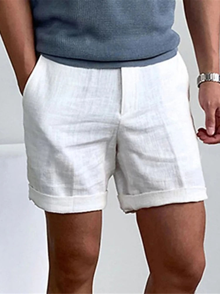 Fashion Simple Solid Color Loose Beach Shorts Men Daily Leisure Breath Cotton Linen Shorts Summer Vacation Casual Mens Shorts - reetell