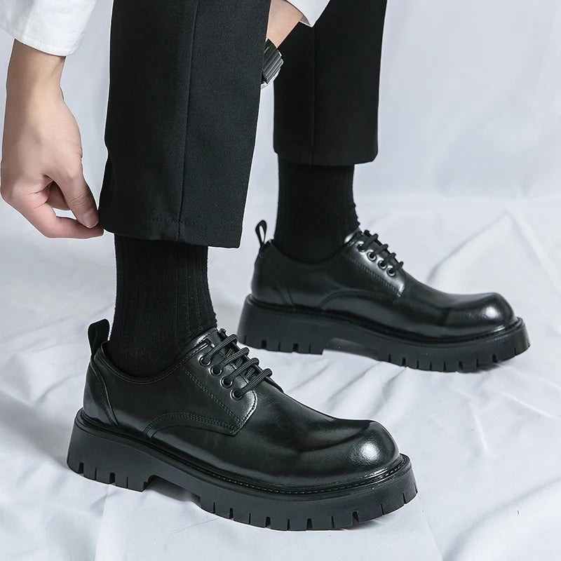 Men Casual Large Toe Original Black Platform Business Thick Bottom Dress Shoes Men Gentleman Outdoor Patent Leather Safety Shoes - reetell