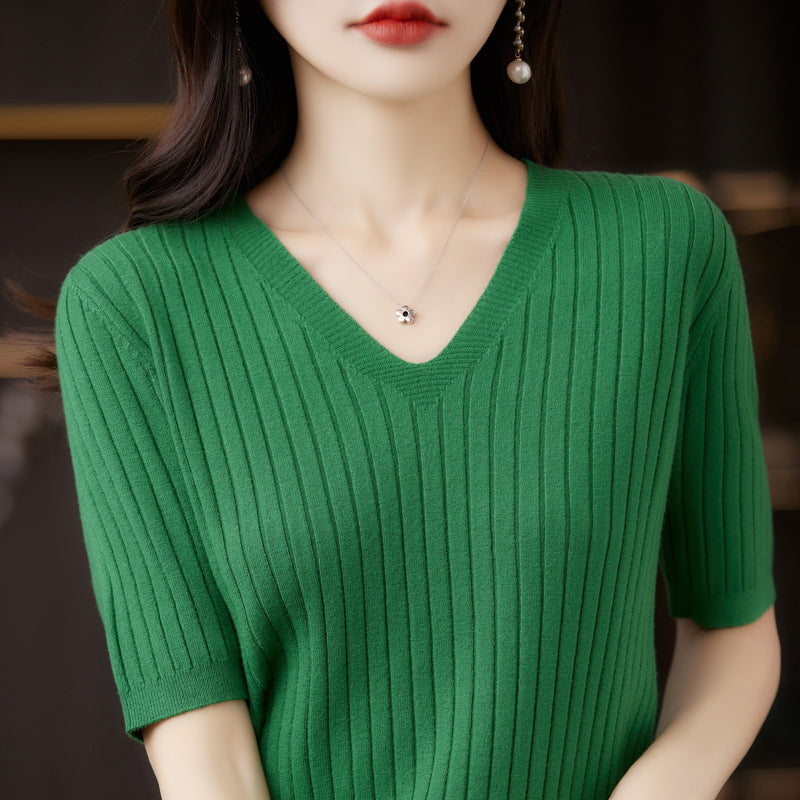 Women Sweater Short Sleeve V-neck Stripe Knitwears Slim Fit Shirt Korean Fashion Pullovers Thin Knit Tops 2024 Bottoming Shirts - reetell