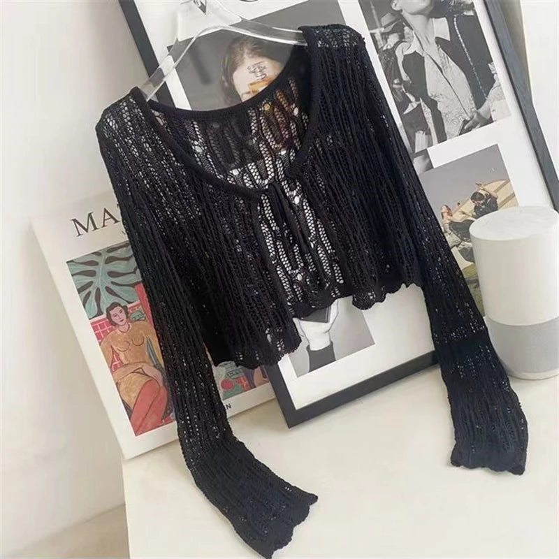 Women Summer Korean temperament Loose Hollow out Solid color V-neck Long sleeve Knitwear Ladies Casual All-match lacing tops - reetell