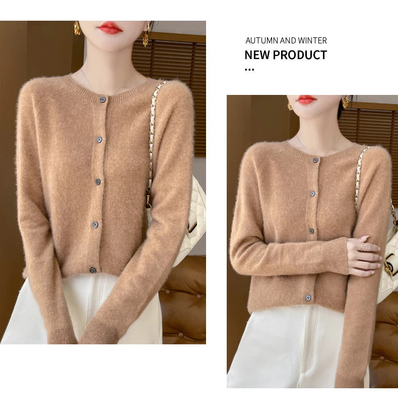 100% Merino Wool Long Sleeve Sweaters Cashmere Cardigan Spring Autumn Women O-Neck Knitwear Tops Clothing Fashion Basic Tops - reetell