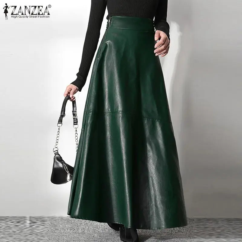 2023 Fashion Solid Mujer Faldas ZANZEA PU Leather Maxi Skirts Women's Elegant OL Long Saias Casual High Waist Zipper Jupe Femme - reetell