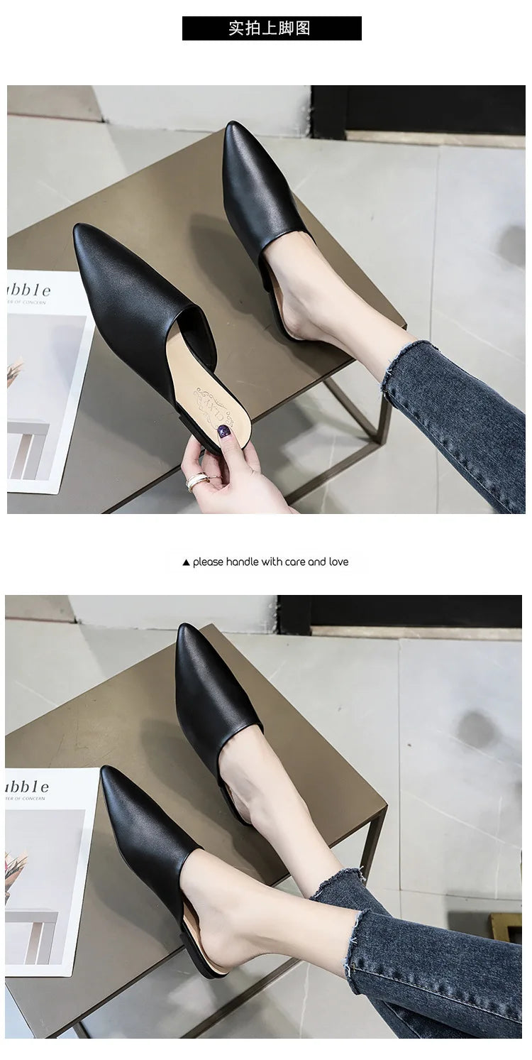 Women Spring Summer Slippers Mules Soft Leather Pointed Toe Slip On Sandalias Soild Mature Fashion Casual Low-heeled Shoes Mujer