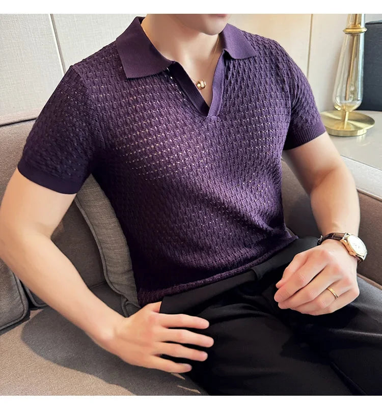 Men's Polo Shirt 2024 Summer New Light and Thin Knitted Hollow Solid Color Casual Short Sleeved V-neck T-shirt Men's Clothing