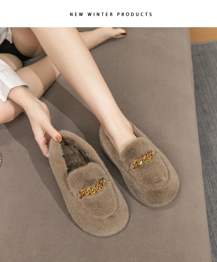 2023 winter women's outdoor plush warm shoes british style metal chain decoration snow boots boat shoes Ladies' casual flats - reetell