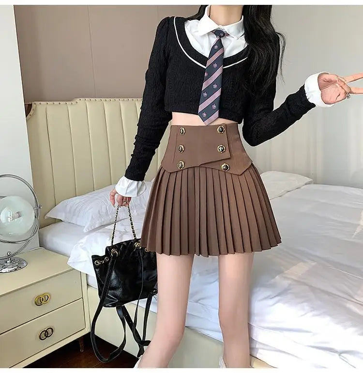 Pleated Skirt New Spring Autumn All-match Buttons Solid Color High Waist A-line Skirt Femme Preppy Style Pleated Trend Skirts - reetell