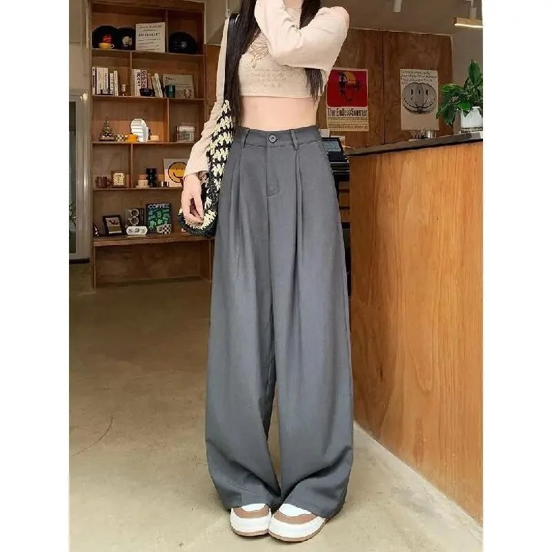 QWEEK Elegant Baggy Gray Suits Pants Woman Oversized Office Ladies Casual Korean Fashion Classical Trousers High Waist Summer - reetell