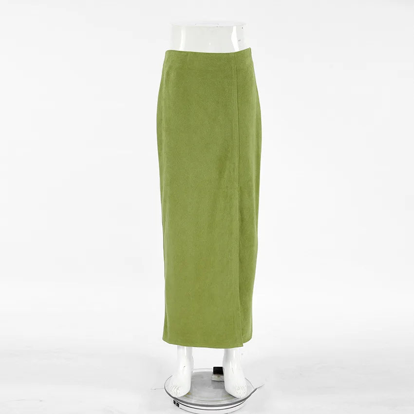 Fashion High Waisted Suede Straight Leg Skirt Women Spring Autumn Green Elegant Split Ziped Slim Mid Length Skirts Female New - reetell