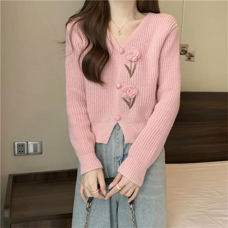 Heavy Industry Beautiful Flowers Knitted Cardigan Sweater Women Slim In Autumn And Winter With Small Cardigan V-neck Short Coat - reetell