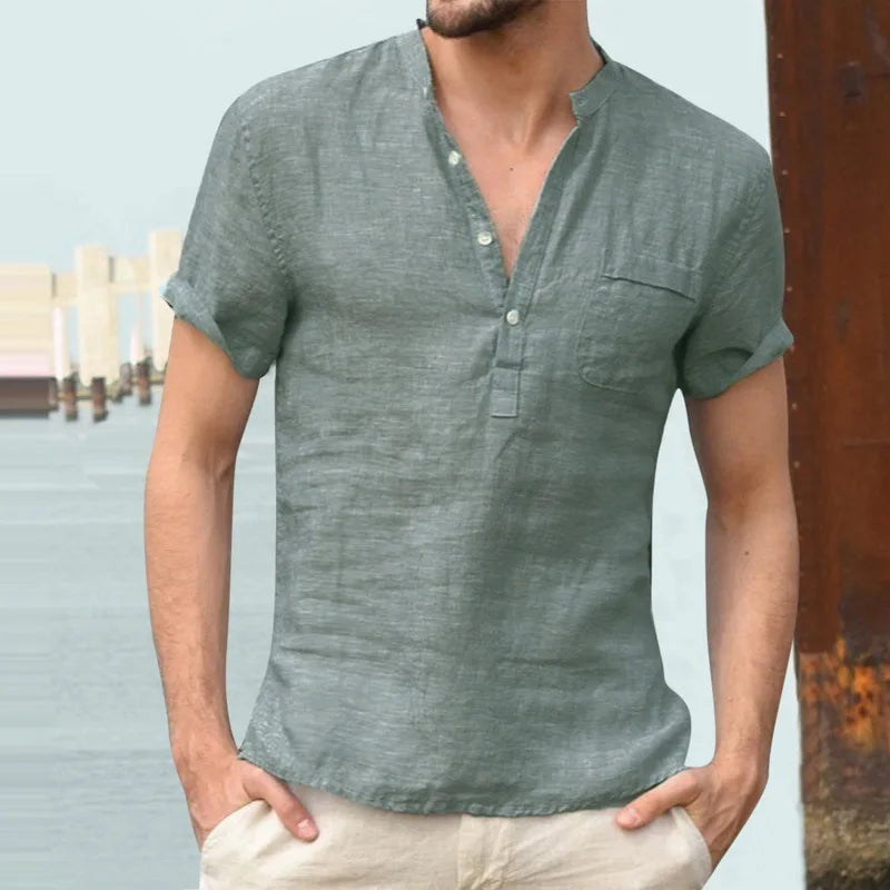 High Quality New Men'S Linen V Neck Bandage T Shirts Male Solid Color Long Sleeves Casual Cotton Linen Tshirt Tops