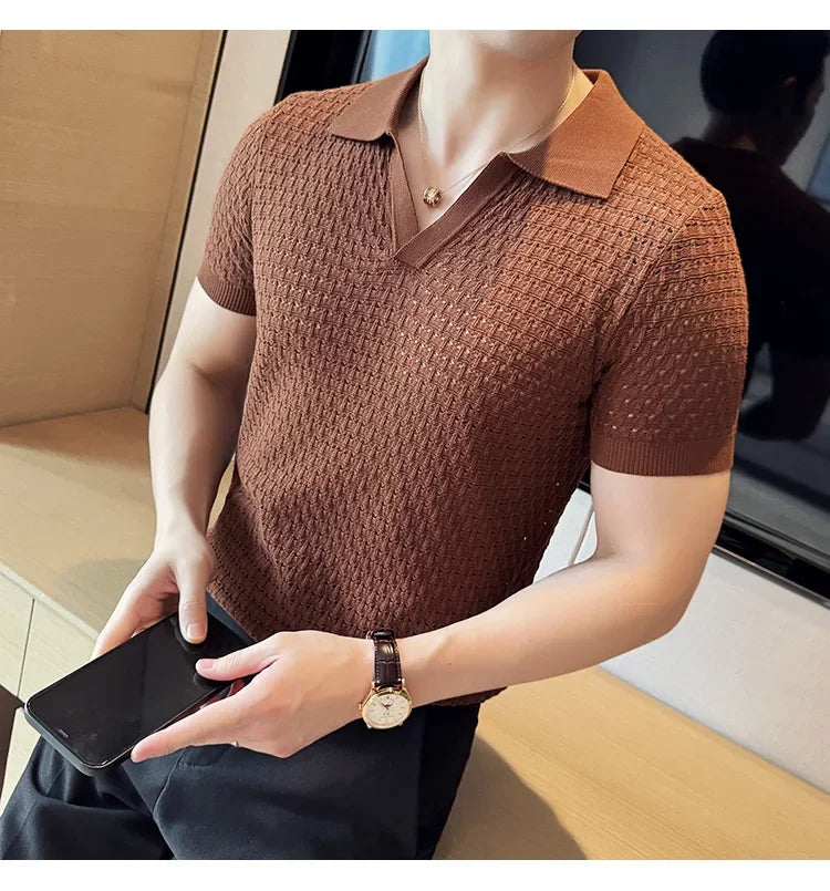 Men's Polo Shirt 2024 Summer New Light and Thin Knitted Hollow Solid Color Casual Short Sleeved V-neck T-shirt Men's Clothing