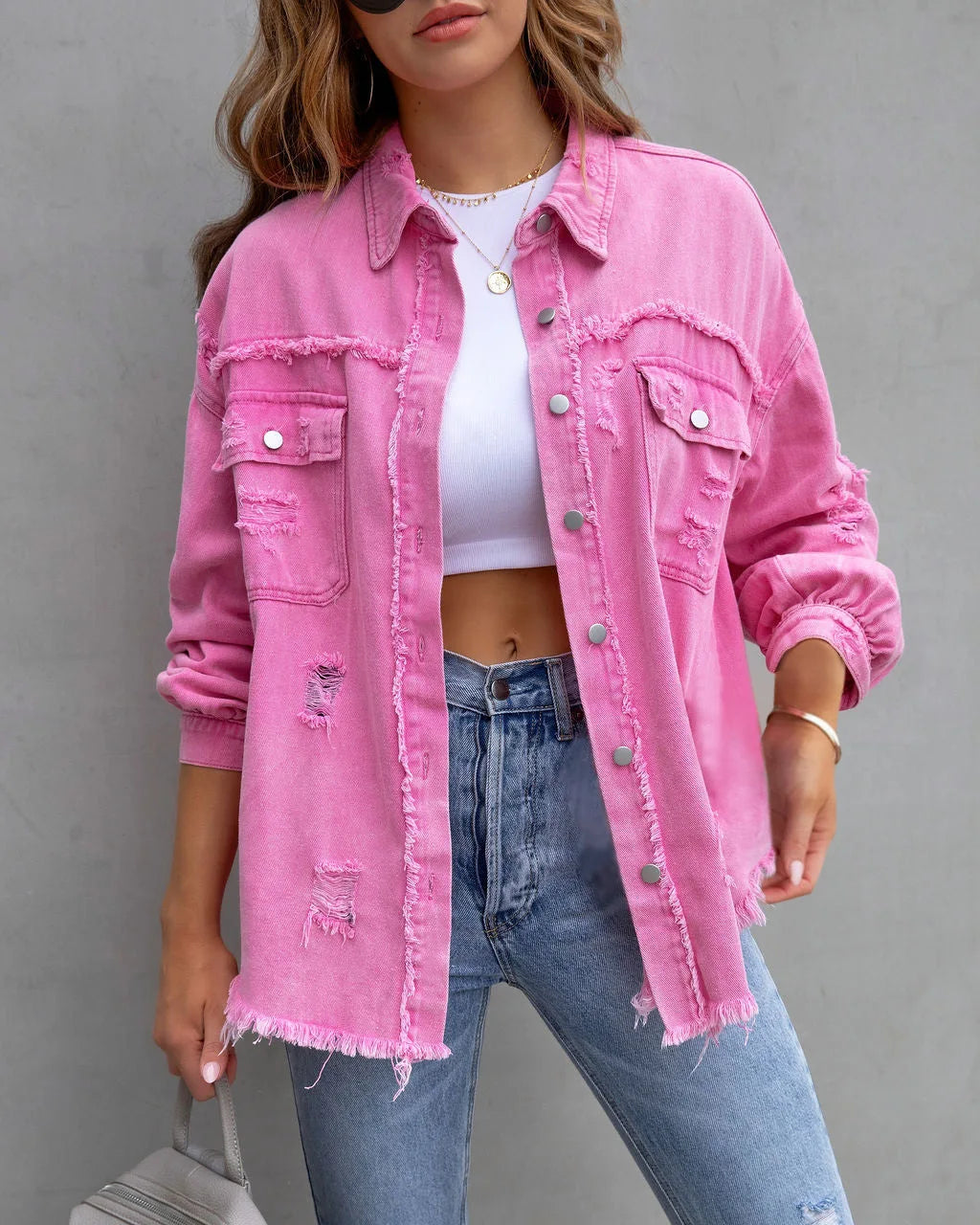 Women's Casual Lapel Mid-length Denim Jacket with Ripped Raw Edges