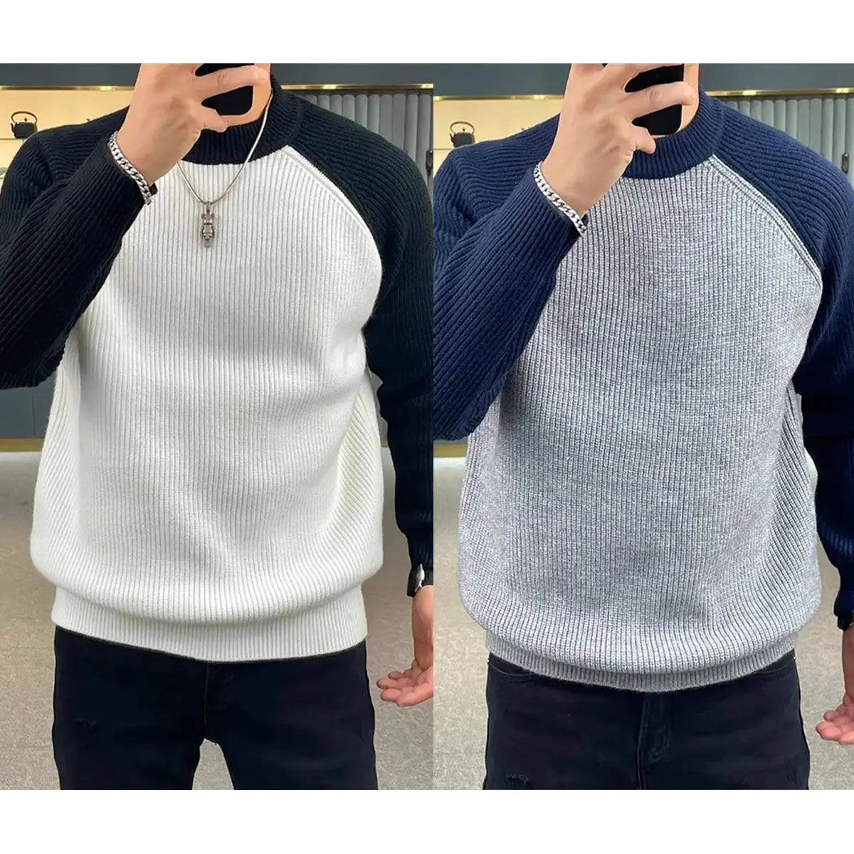 Autumn Winter Mens Sweaters Casual Warm Loose Fashion Patchwork Pullover Retro Harajuku Round Neck Knitted Bottoming Shirt - reetell