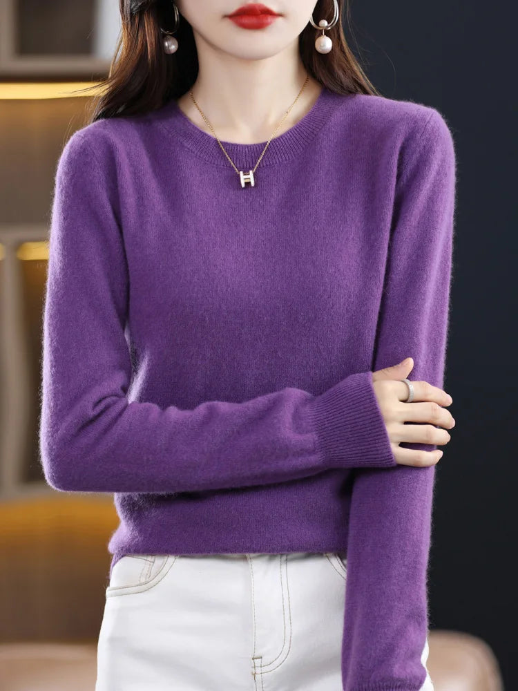 100% Merino Wool Sweater Women  Cashmere Pullover Knitwear Autumn Winter O-neck Solid Color Fashion Basic Female Clothes Tops - reetell