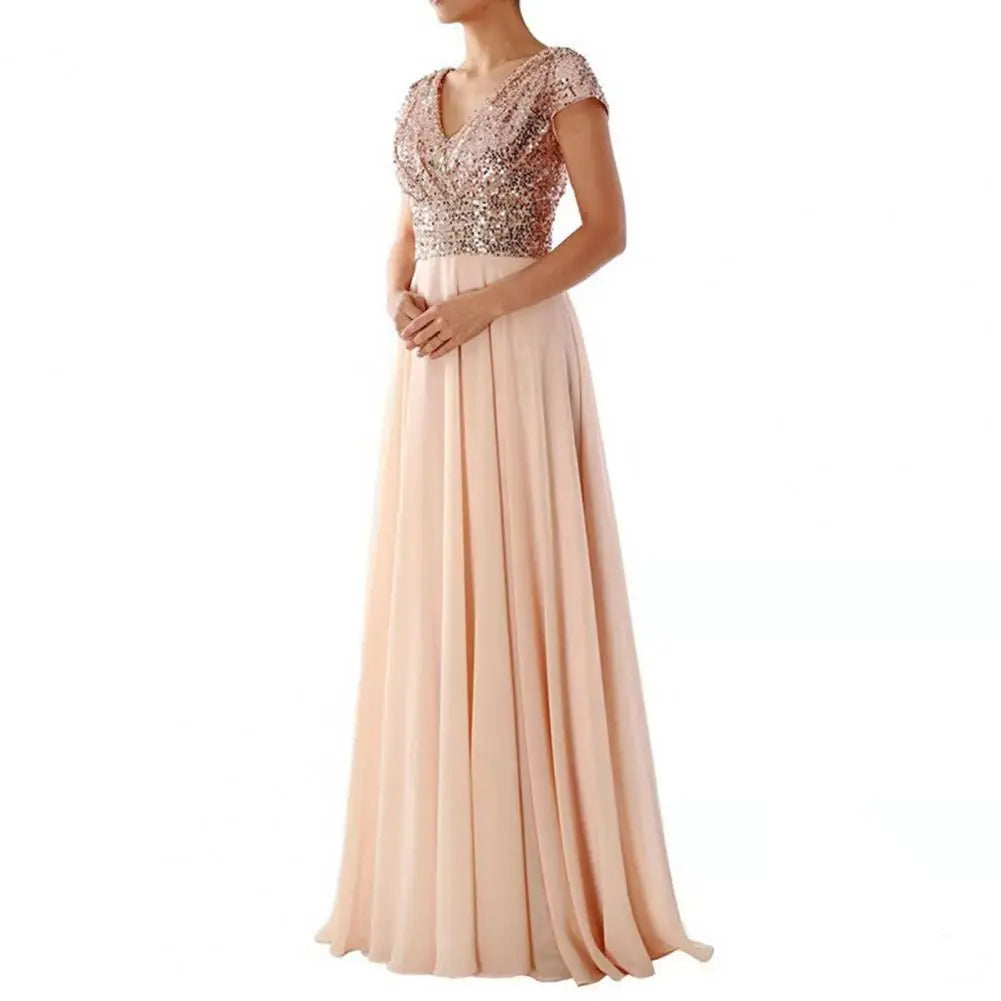 Popular Evening Dress Floor Length Dressing Up Soft Luxury Shiny Sequins Chiffon Splicing Bridesmaid Dress - reetell