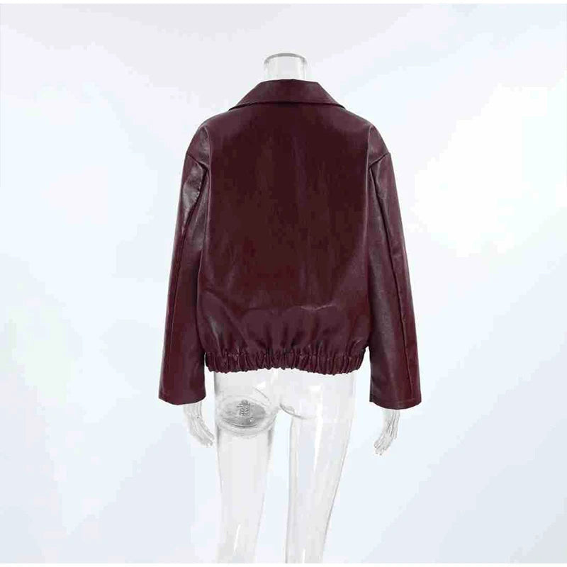 Elegant Burgundy Faux Leather Jackets Women Fashion Lapel Zipper Long Sleeve Female Coats 2024 Autumn Winter Lady Street Outwear