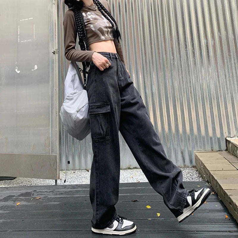 Rimocy Vintage Cargo Baggy Jeans Women Autumn Winter Straight Loose Denim Trousers Woman High Waist Streetwear Pants Female - reetell