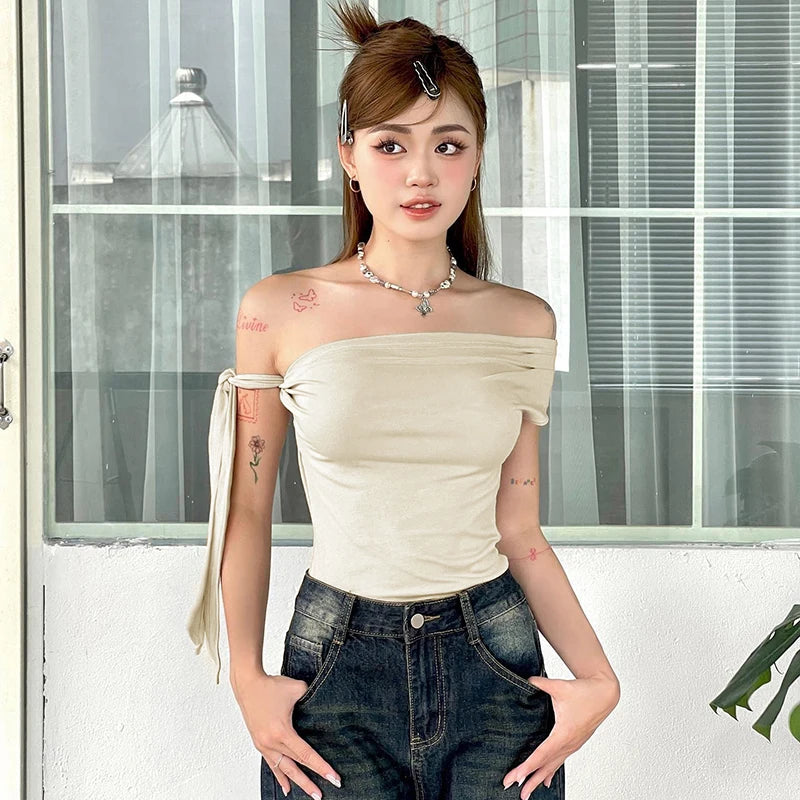 CUTENOVA 2024 Women'S Summer Ins Style New Shrink Pleated One-Shoulder Crop Top Backless Twist Tie Asymmetric T-Shirt Casual Top - reetell