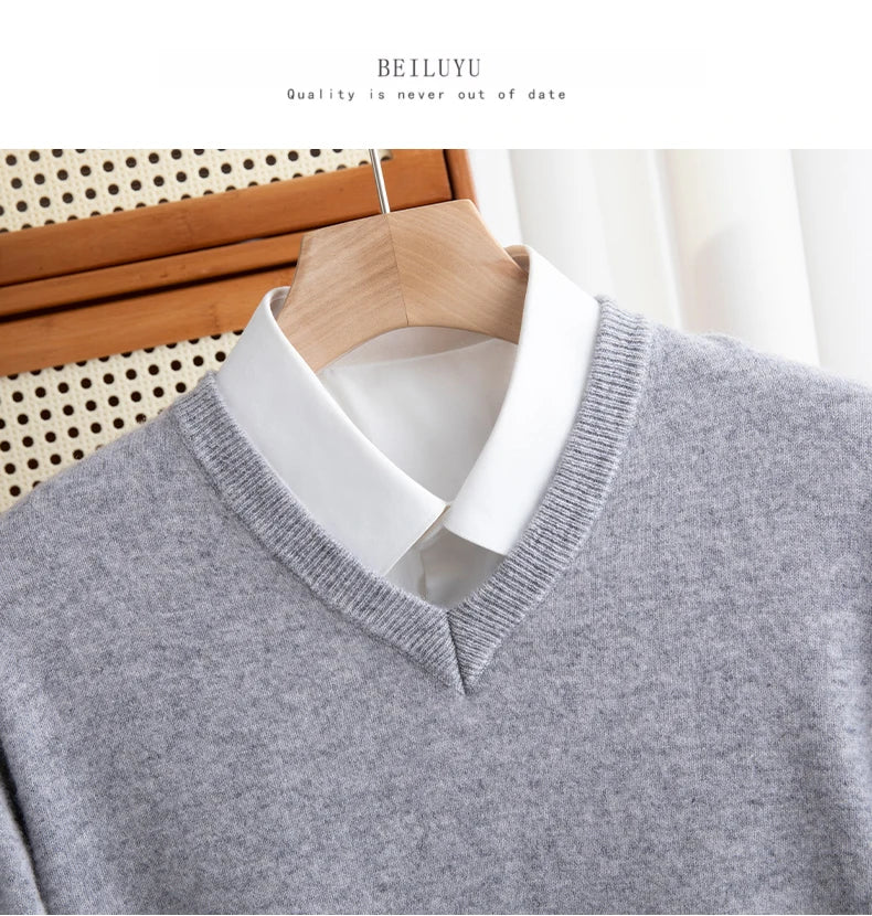 Men 100% Merino Wool Sweater V-Neck Pullover Autumn Winter Cashmere Warm Solid Knitwear Clothes Business Bottoming Soft Tops - reetell