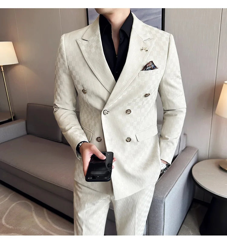 (Jacket+Pants) 2 Pieces Blue Apricot Business Party Men Suits Double Breasted Formal Style Custom Made Wedding Groom Tuxedos - reetell