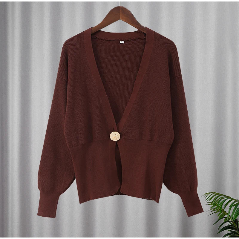 Chic Solid Button Knitted Cardigan Women Casual Deep V Neck Long Sleeve Slim Warm Sweater Autumn New Lady Fashion Kintwear Top - reetell