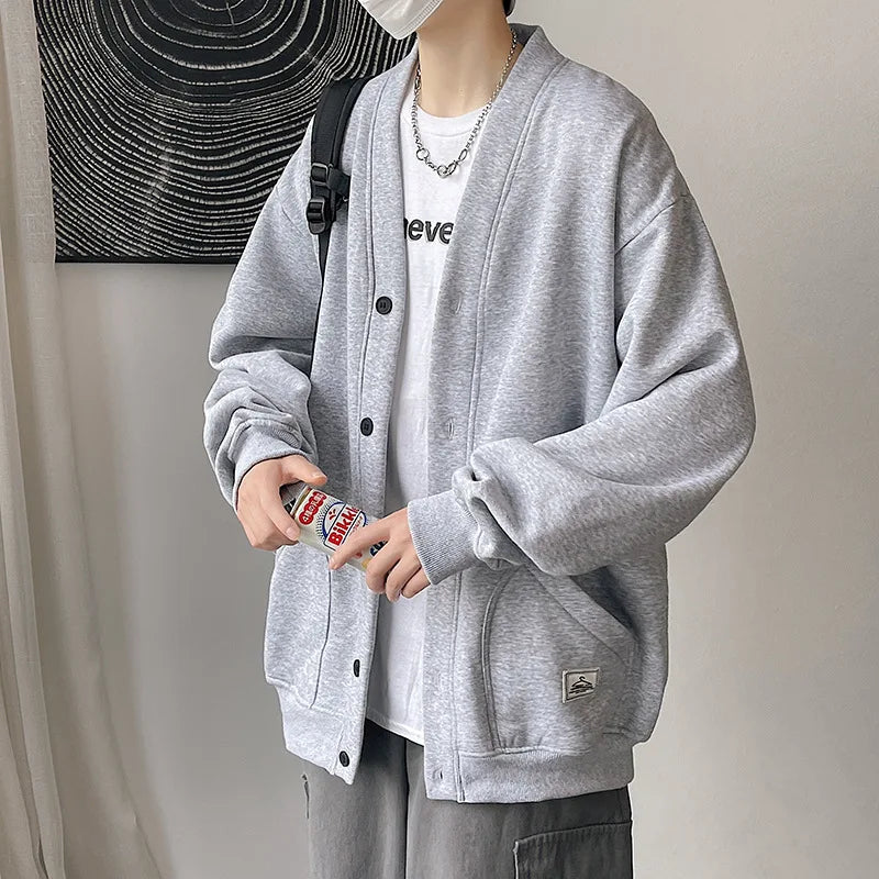 2023 Korean Sweatshirts Men Fashion Solid Color Style Hoodies Autumn Brand Casual Loose Coat Street Thick Warm Male Cardigans - reetell