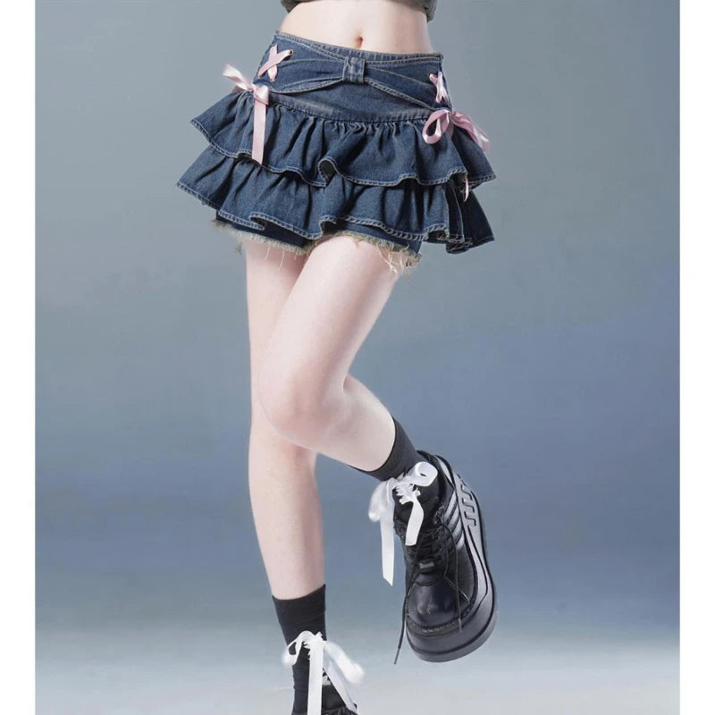 Deeptown Vintage Denim Skirt Women Pleated Sexy Short Skirts Retro Korean Fashion Aesthetics Casual A-line Streetwear Jean Skirt - reetell