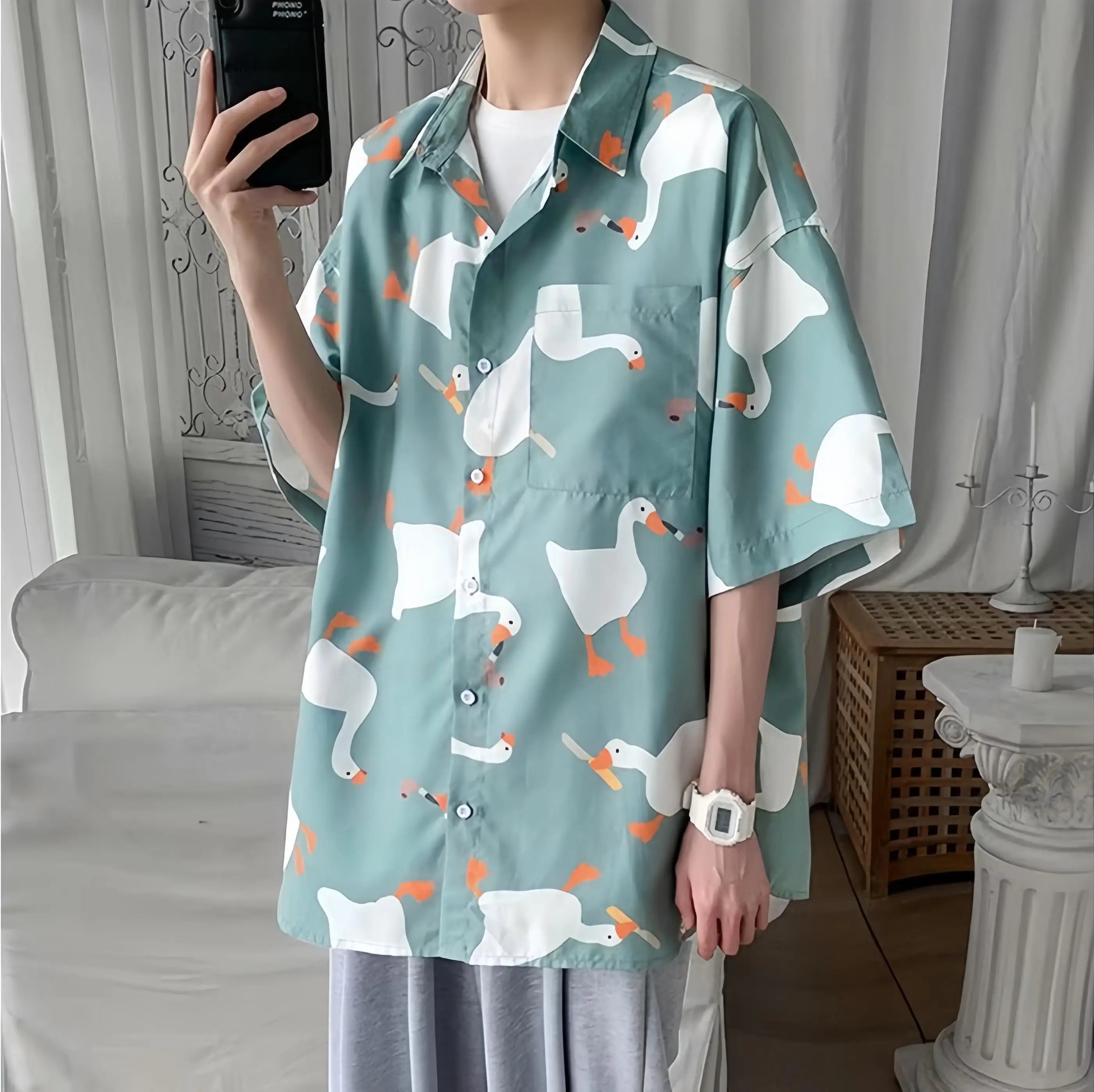 Men's Summer Thin Short Sleeve Shirt Loose Fit Casual Versatile Tops Fashion Goose Print Button Pockets Hawaiian Beach Shirt - reetell