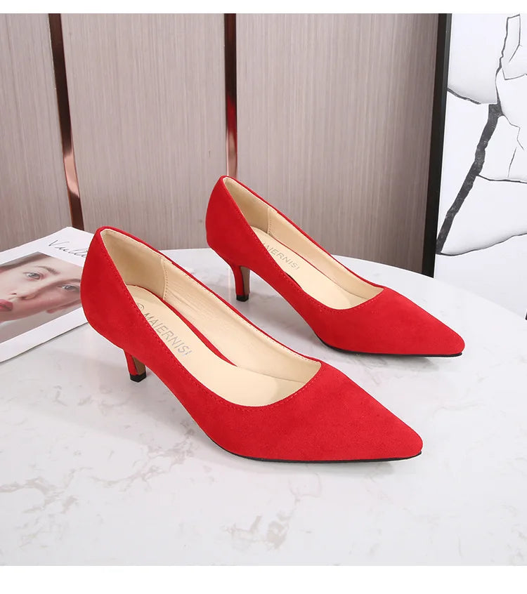 Low Heel Pumps Lady Pointed Toe Kitten Heels Female Green Flock Plus Size 43 44 45 46 Red Shoes 2023 Women 5cm High Heels