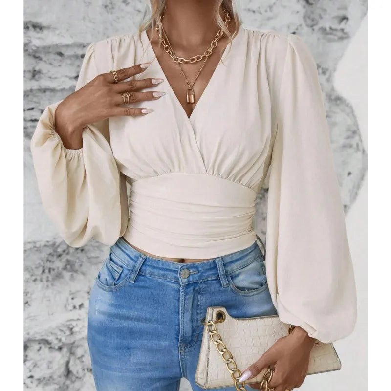 Elegant Lantern Sleeves Crop Top 2024 Spring Autumn New Fashion V-neck Solid Color Ruffled Women's Long Sleeved Black Blouse Y2K - reetell