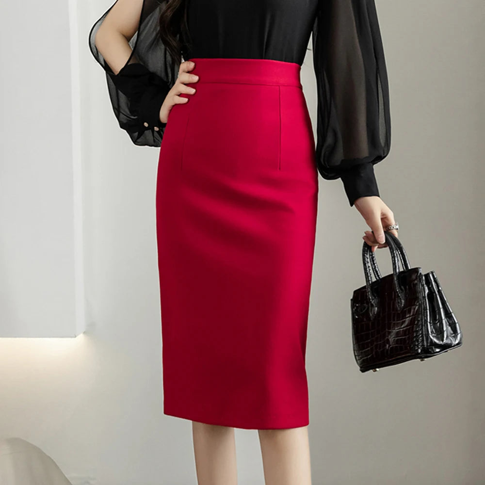 Classic Vintage Gray Red Stretch Pencil Skirts For Women Office Lady Formal Black Midi Skirts Elegant Female Package Hip Skirts - reetell