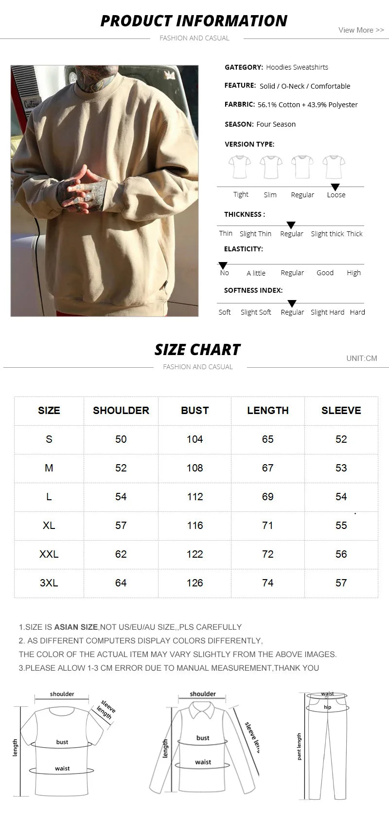 Simple Design Round Neck Sweatshirt Men Loose Streetwear Pullover Male Hoodies Black Beige Pink - reetell