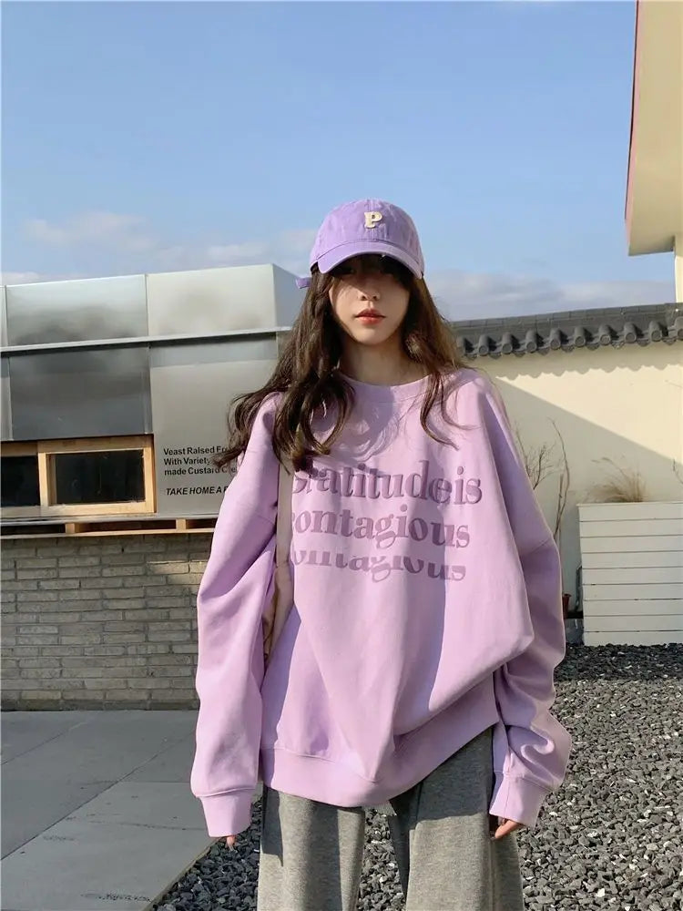 Fashion Solid Color Printing Letter Casual Sweatshirts Female Clothing 2023 Autumn Oversized Korean Tops All-match Sweatshirts - reetell