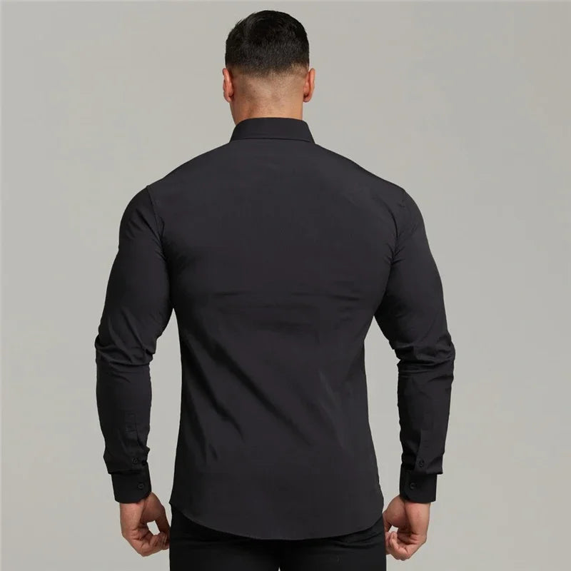 Men Fashion Casual long Sleeve Solid Shirt Super Slim Fit Male Social Business Dress Shirt Brand Men Fitness Sports Clothing - reetell