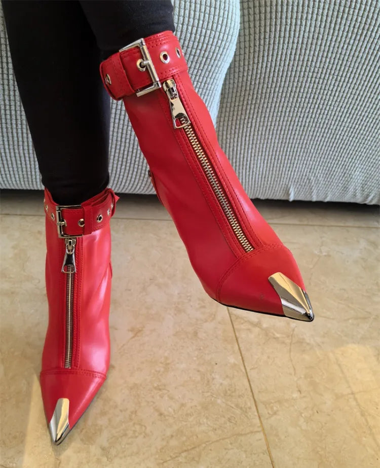 Belt Buckle Front Zipper Fashion Show Short Boots Women's Autumn Winter New Pointed Metal Decoration Red High Heels Ankle Boots