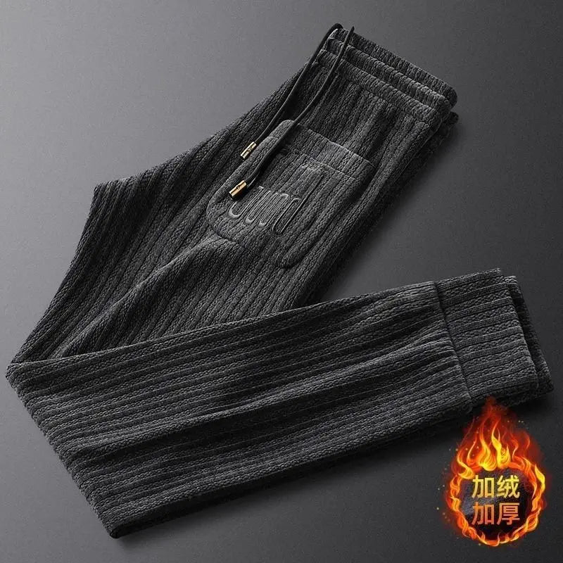 Autumn Winter Fashion Men's Plus Velvet Thickening Solid Color Pants 2024 Warm Slim Drawstring Mid Waist Trousers Male Clothes